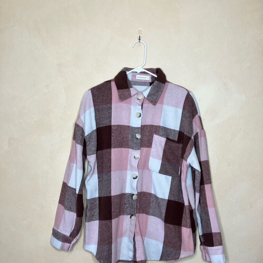 Women’s Plaid Shirt - Pink and Brown Size Medium